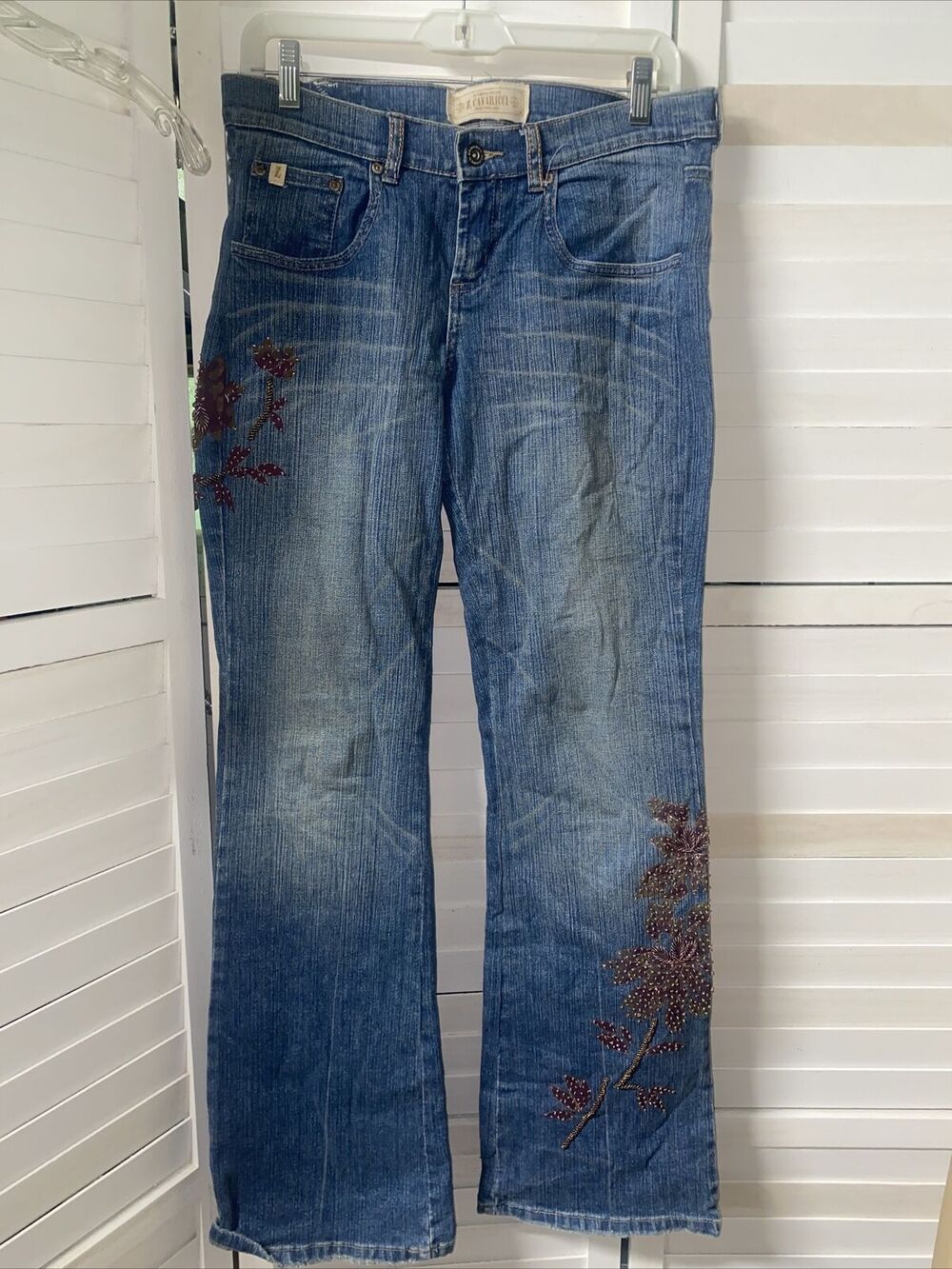 Z Cavaricci Vintage 90s Y2K Floral Beaded Flare Boot Leg Blue Jeans Low Rise Sz7